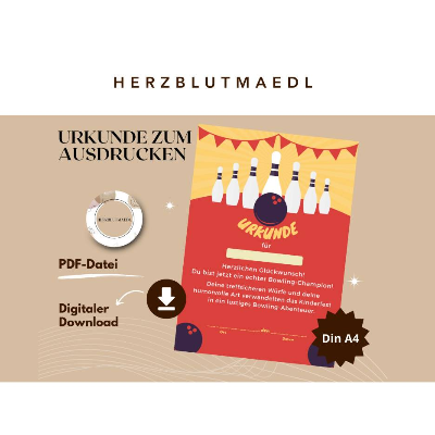 Personalisierte Bowling Urkunde DIN A4 - Perfekt für Bowling-Partys und Geburtstags-Mitgebsel als digitale Datei zu