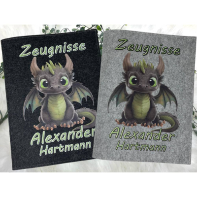 Zeugnismappe mit Namen - Mädchen und Jungen - Personalisiert Filz A4 Drache Grün - Dokumenten Urkunde