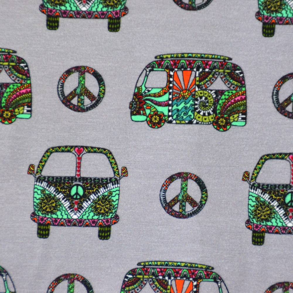 ♕ mittelgrauer Jersey mit VW-Bus Bulli Hippie Peace 50 cm x 150