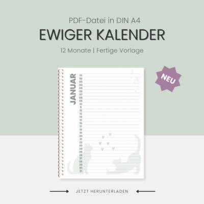 Ewiger Kalender für Katzenfreunde PDF Datei A4 | 12 Seiten | Download