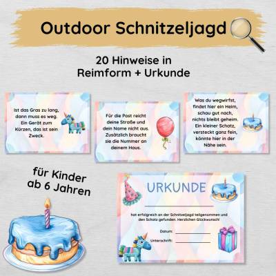 Outdoor Schnitzeljagd zum Kindergeburtstag mit 20 Hinweisen in Reimform & Urkunde für Kinder ab 6 Jahren