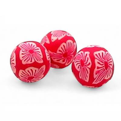 30 runde  Fimo-Perlen, rot mit weißem floralem Muster, 12 mm, Polymer Clay