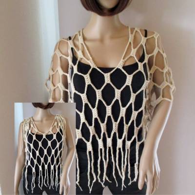 Auffälliges Oberteil, Netztop, Häkeltop, Top, Shirt, Netzhemd in Creme