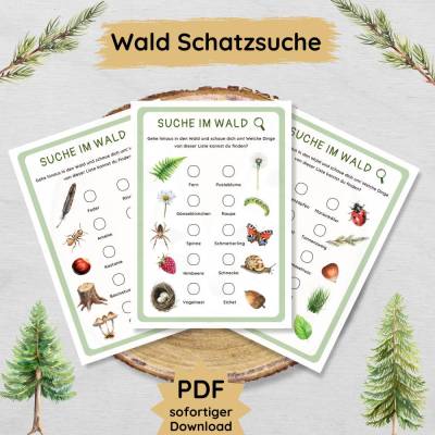 Waldschatzsuche für Kinder zum Ausdrucken, Waldbingo Druckvorlage Schatzsuche