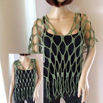 Auffälliges Oberteil, Netztop, Häkeltop, Top, Shirt, Netzhemd in Olivgrün