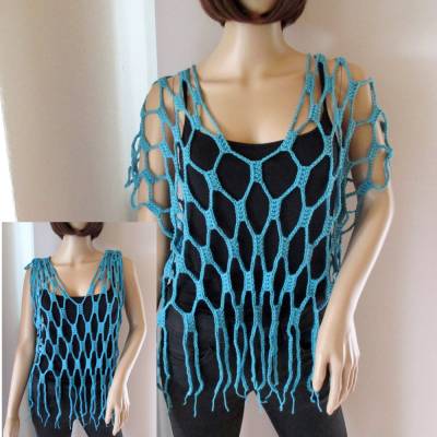 Auffälliges Oberteil, Netztop, Häkeltop, Top, Shirt, Netzhemd in Türkis
