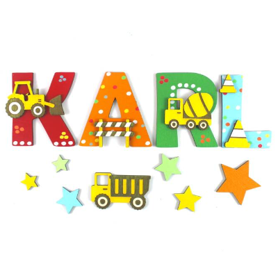 Holzbuchstaben Baustellenfahrzeuge, Holzbuchstaben Kinderzimmertür, Namensschild Kinderzimmertür, Holzbuchstaben Bagger