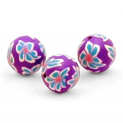 25 runde  Fimo-Perlen, lila mit buntem floralem Muster, 12 mm, Polymer Clay