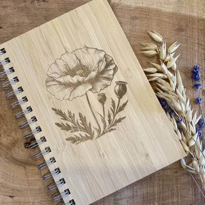 Bambus Notizbuch A5 Mohnblume Gravur Wunschname