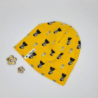 Mütze, KU 39 - 42 cm, Beanie , einlagig, Sommermütze, senf ,Katzen