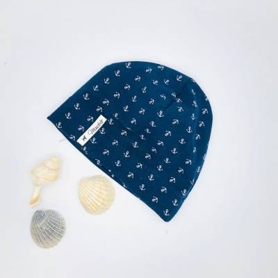 Mütze, KU 43 - 46 cm, Beanie , einlagig, Sommermütze, blau, Anker