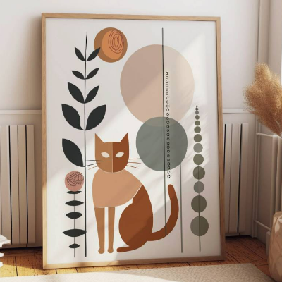 Stillleben mit Katze | modern, minimalistisch | Boho Retro Bild | Druckbarer Digitaler Download | Poster selber drucken