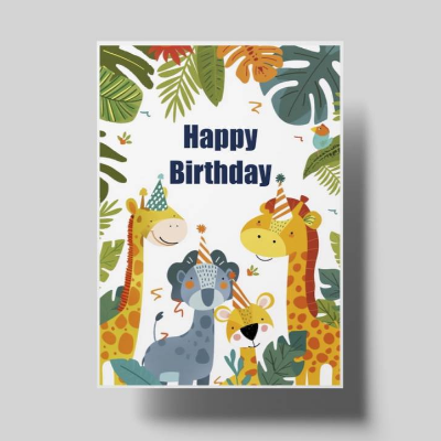 Dschungel-Kindergeburtstagskarte mit Tieren – Perfekt für Einladungen & Dankeskarten – Farbenfroh & verspielt