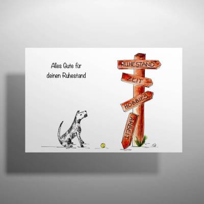 Ruhestandskarte mit Terrier Piet – Handgefertigte Grußkarte für Kollegen & Freunde – Perfekt für den Ruhestand