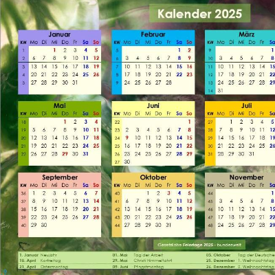 Das Jahr 2025 auf einen Blick mit Kunstwerk „Pflanzenwelt“ PDF – DIN A4 zum Ausdrucken