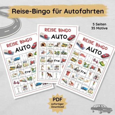 Auto Reise Bingo für Kinder zum Ausdrucken, ideale Beschäftigung für lange Autofahrten