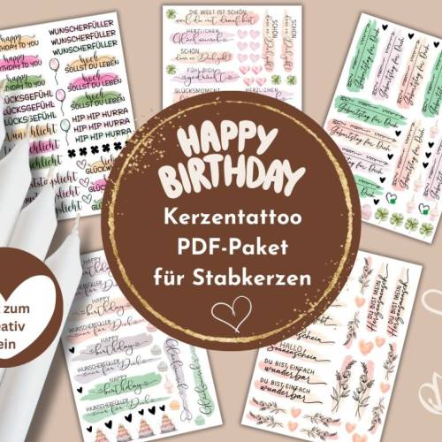 Kerzentattoo zum Geburtstag Bundle PDF | Kerzensticker Vorlagen Paket für Stabkerzen | DIY Geburtstagskerze |Kerzen gest