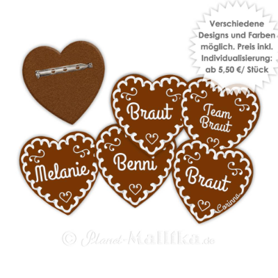 Anstecker personalisiert Lebkuchenherz Junggesellenabschied JGA Braut Team individualisiert mit Namen Herz-Anstecker