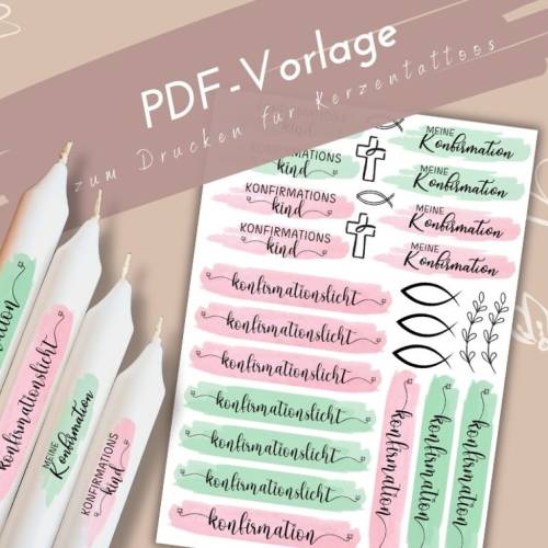 Konfirmationskerze Kerzentattoo PDF | Kerzensticker Vorlage |  Konfirmation Gastgeschenke DIY | selbstgemachte Tischedek