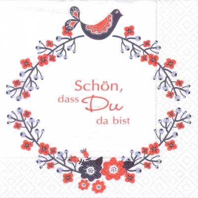 20 Lunchservietten Folklore-Kranz Schön, dass Du da bist, mit Phantasievogel, Blüten und Zweigen in Rot/Blau