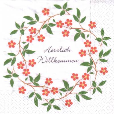 20 Lunchservietten Blütenkranz Herzlich Willkommen, mit rankenden roten Blumen und grünen Zweigen