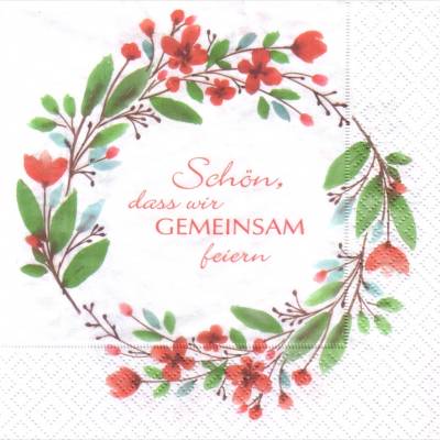 20 Lunchservietten Blumenkranz Schön, dass wir gemeinsam feiern, mit roten Blumen und grünen Zweigen