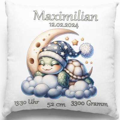 Babygeschenk Geschenk zur Geburt Kissen mit Namen personalisiert Taufgeschenk Mädchen & Junge Taufe Schildkröte Mond 