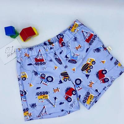 Kindershorts aus Jersey – Größe 110/116 – Hellblau, Baufahrzeuge