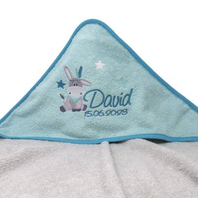 Kapuzenhandtuch mit Namen, Motiv Esel, Babyhandtuch personalisiert, Badehandtuch mit Kapuze, Geschenk zur Taufe