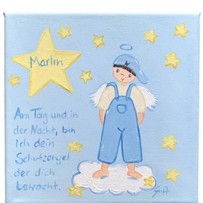 Personalisiertes Schutzengelbild Junge – Handgemaltes Taufgeschenk zur Geburt & Taufe