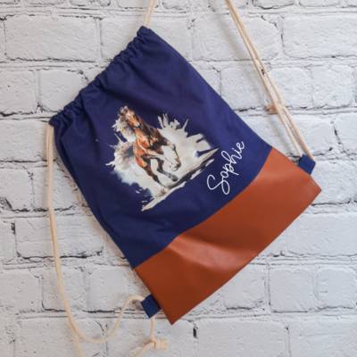 Kinderturnbeutel blau/braun - Pferdemotiv (mit oder ohne Namen)