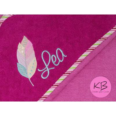 Kapuzenhandtuch mit Namen, Motiv Boho Feder, Babyhandtuch personalisiert, Badehandtuch mit Kapuze, Geschenk zur Taufe