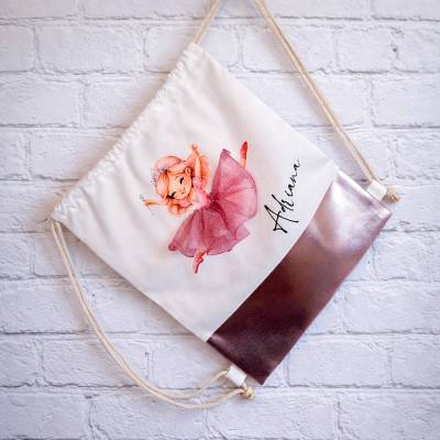 Kinderturnbeutel - Ballerina mit 3D Tüllrock und Roségold-Borte (mit oder ohne Namen)