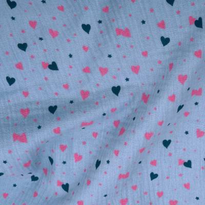 Musselin Stoff Double Gauze Herzen babyblau 