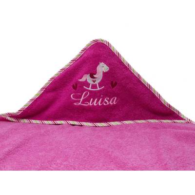 Kapuzenhandtuch mit Namen, Motiv Schaukelpferd, Babyhandtuch personalisiert, Badehandtuch mit Kapuze, Geschenk zur Taufe
