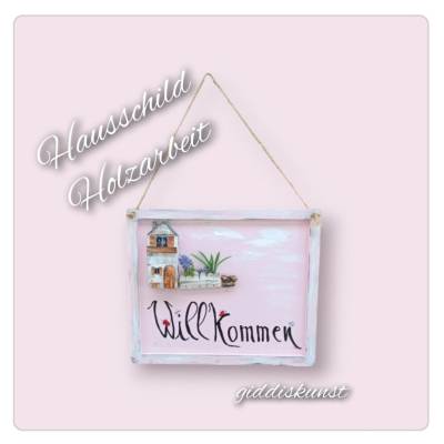 romantisches Türschild mit Dekohäuser, Willkommen, Holzarbeit