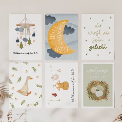 Postkarten-Set Baby Geburt 6 Babykarten - Grußkarte Geburtstag Kinder - Postkarten Geburtsgeschenk Kinder - Neutrale Geb