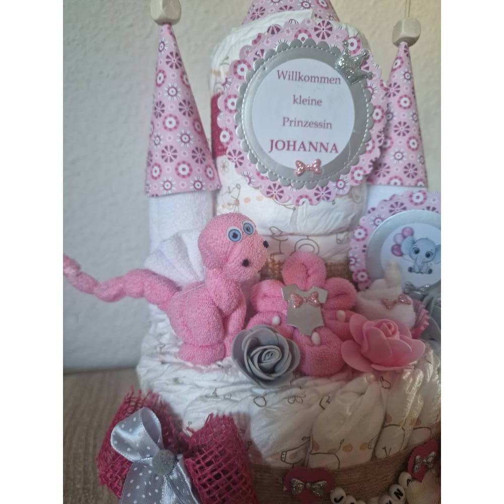 Windeltorte Windelschloss für Mädchen rosa mit Namen