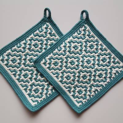 Topflappen/ Untersetzer/ Oven mitts Baumwolle petrol/ creme 2 Stück gehäkelt Mosaikcrochet