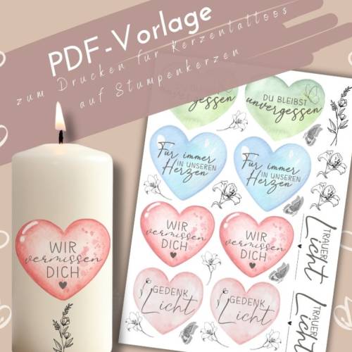 Kerzentattoo Gedenklicht PDF Vorlage | liebevolle Trauer Kerzensticker | DIY Kerzen gestalten | selbstgemachte Trauerker