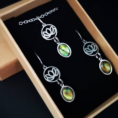 1 Paar Ohrringe, Kette, Edelstahl und Pauamuschel