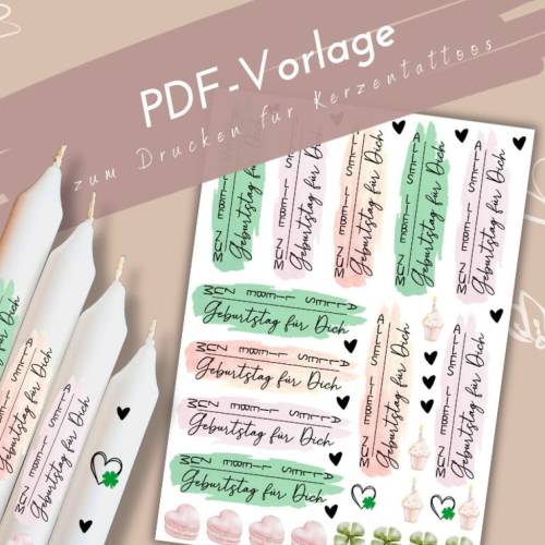 Kerzentattoo zum Geburtstag PDF Vorlage | Kerzensticker happy birthday | DIY Kerzen gestalten | selbstgemachte Geschenke