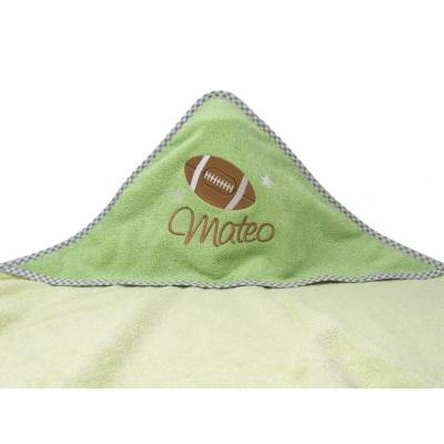 Kapuzenhandtuch mit Namen, Motiv Football, Babyhandtuch personalisiert, Badehandtuch mit Kapuze, Geschenk zur Taufe