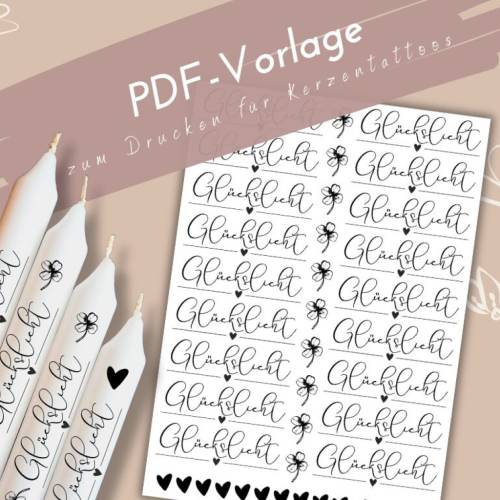 Glückslicht Kerzentattoo PDF Vorlage| Kerzensticker viel Glück | Kleeblatt | DIY Geschenkidee Kerzen gestalten