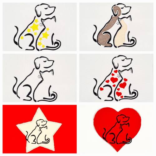 Stickdatei Hund und Katze 6er Set mit Applikation