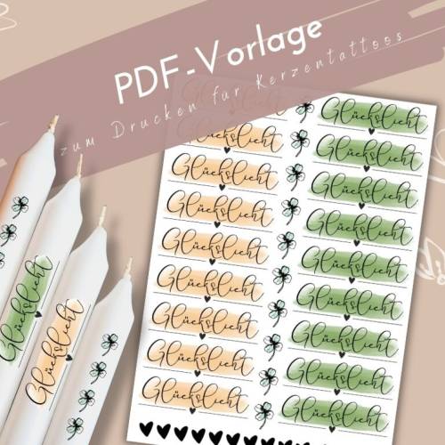 Kerzentattoo Glückslicht PDF Vorlage | Kerzensticker viel Glück | Kleeblatt | DIY Geschenkidee Kerzen gestalten | Glückw