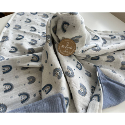 Baby Kuscheldecke/ Schmusetuch Musselin Regenbögen blau/weiß handmade Geschenk Geburt neu