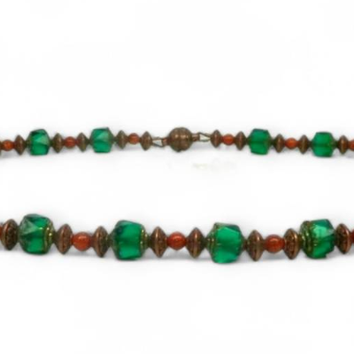 Collier "Bohemia" smaragdgrün Kupfer /Glas/ Goldfluss im Vintage-Look, kurz, Magnetverschluss