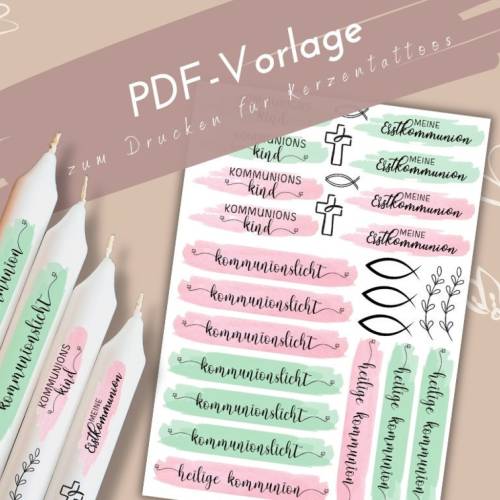Kommunionskerze für Mädchen & Jungen PDF | Kerzentattoo Vorlage | Erstkommunion Gastgeschenke DIY |selbstgemachte Tische