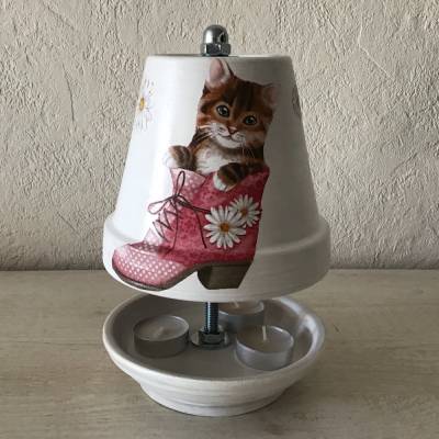 Teelichtofen Teelichtkamin für Balkon und Terrasse , inkl 3 Teelichter - Katze im Schuh